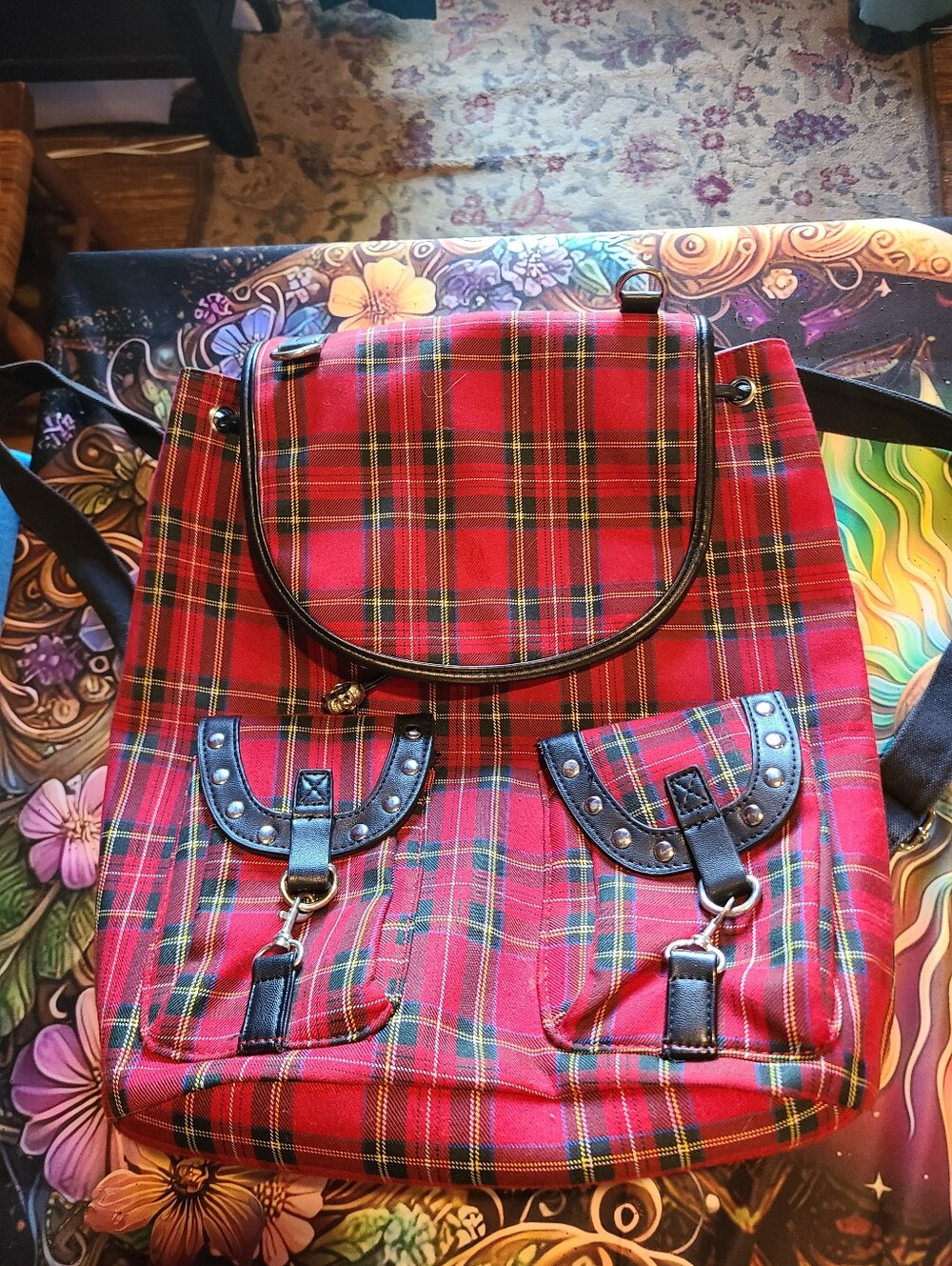 Lost Queen Tartan Skull Drawstring Plaid Punk Emo Handbag Backpack